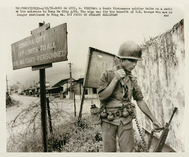 Quang Tri 1972 - South Vietnamese soldier talks on radio at the entrance to Dong Ha City