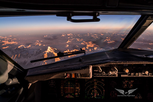Cockpit sunset above the Alps - Boeing 737NG