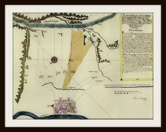 plano del Llano de Maipo de 1755, Santiago abajo junto al negro rio Mapocho