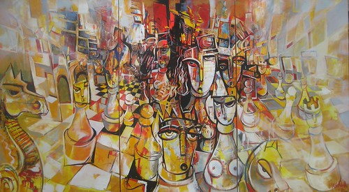 Rows of outlined figures across a pale chessboard