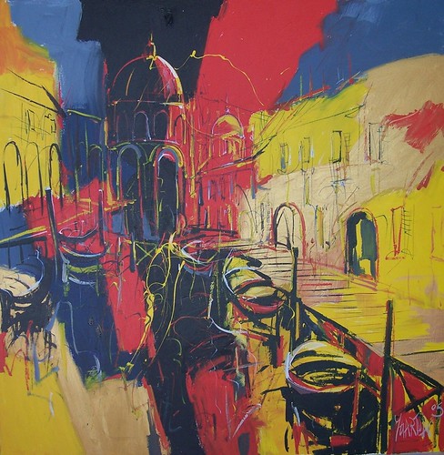 Canal architecture and boats in bright primary colours