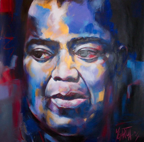 Close-up musician portrait in blue and violet