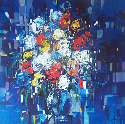 Bouquet in a vase against blue blocks