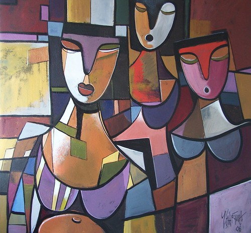 Three angular figures in pastel geometric shapes