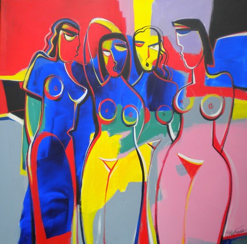 Three stylised figures in blue, yellow and pink