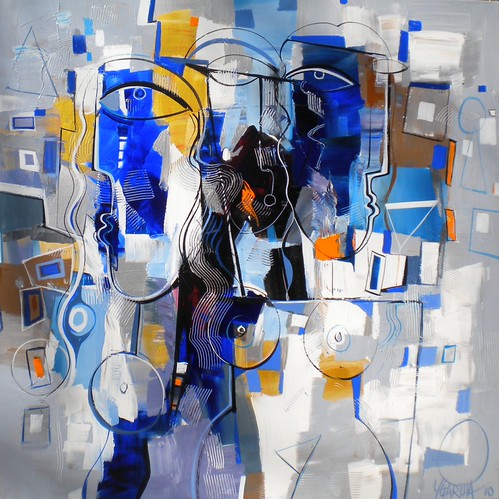 Pale outlined figures among blue and yellow shapes