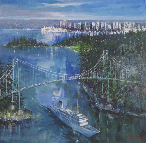 Bridge and cruise ships on blue harbour water