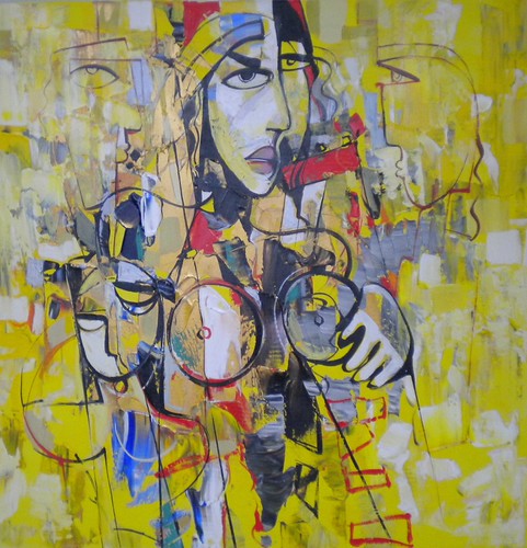 Woman and child outlined over yellow paint
