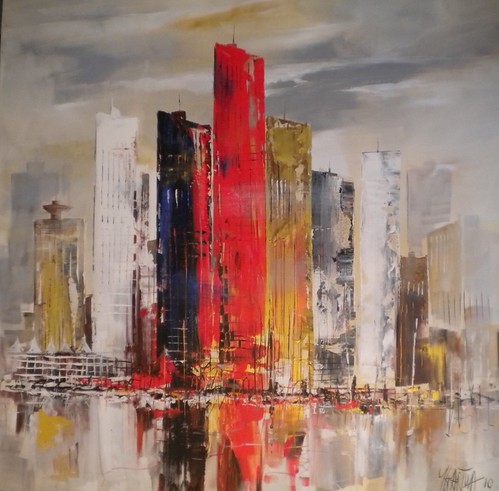 Abstract skyline with a tall red tower