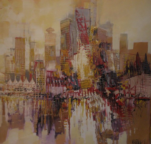 Warm-toned abstract buildings reflected in water