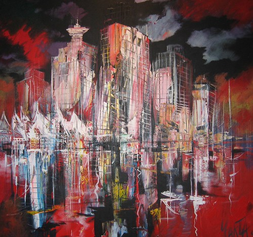 Red and white abstract city towers