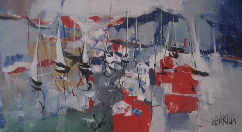 Abstract sailboats in red, white and grey