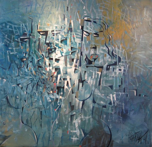 Small white marks within teal and grey paint