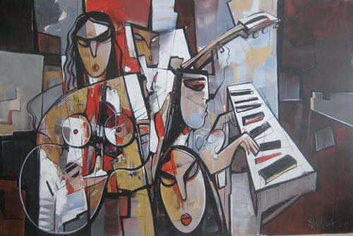 Two angular musicians with keyboard and strings