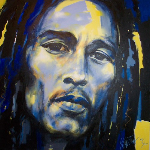 Long-haired portrait with blue and yellow strokes