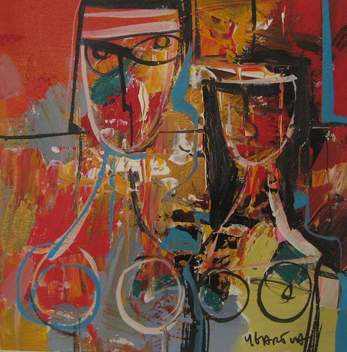 Two outlined figures in red and ochre