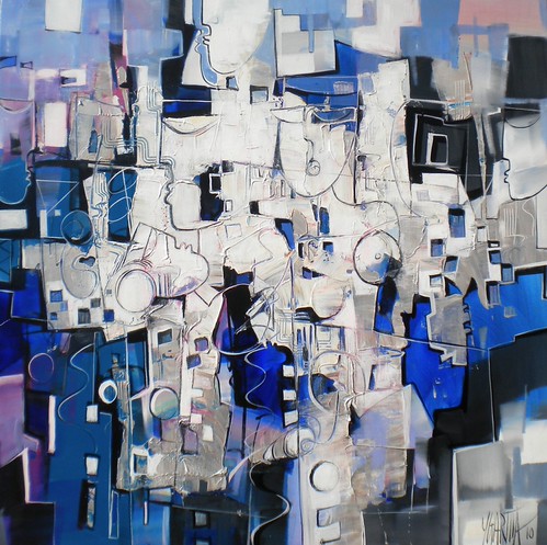 Geometric figures in white and blue