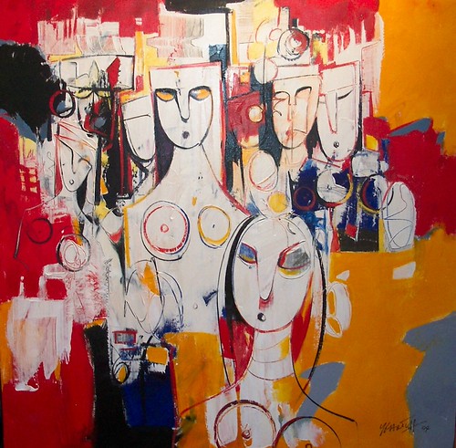 Pale standing figures against red and orange