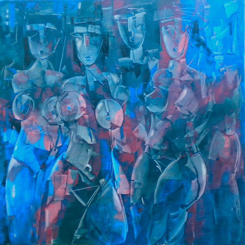 Figures outlined in blue and violet