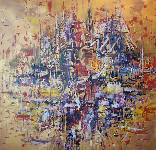 Dense textured cityscape in gold and violet