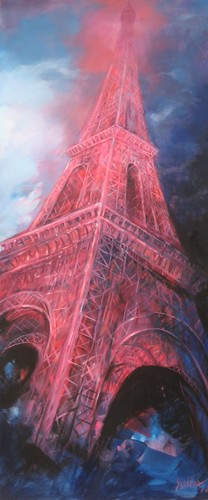 Red tower rising against a dark blue background