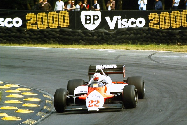 Andrea de Cesaris - Alfa Romeo 183T  rounds Druids Bend during tyre testing at Brands Hatch in 1983