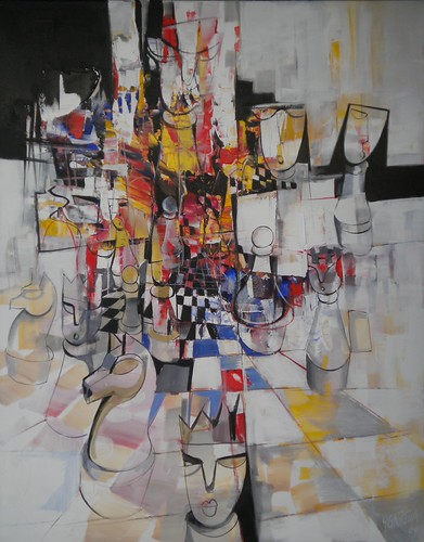 Pale chess figures with red and dark linear accents