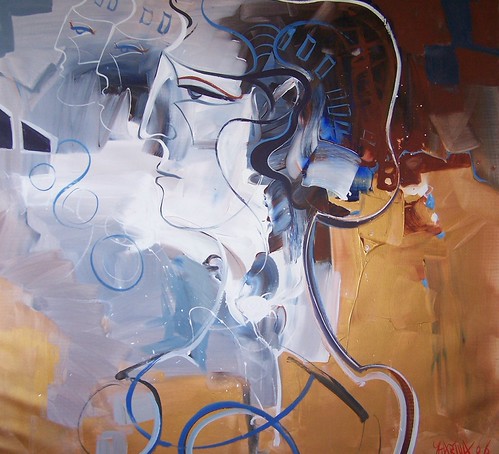 Woman's profile among pale blue and ochre forms