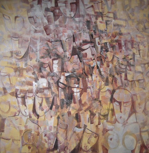 Crowded angular figures in muted ochre