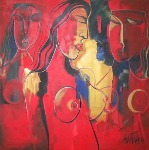 Two faces close together in red and yellow