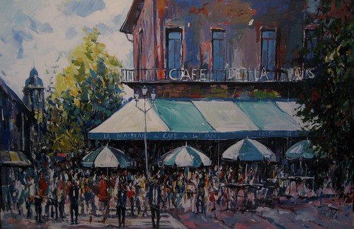 Outdoor café beneath awnings and parasols