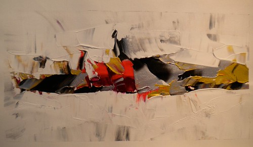 Broad black, red and gold strokes on cream