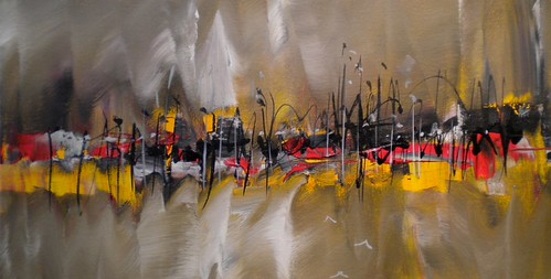 Thin dark horizontal forms with yellow accents