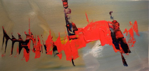 Red horizontal strokes with sparse black marks on grey
