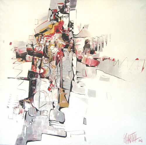 Fragmented figure with red and grey marks on cream