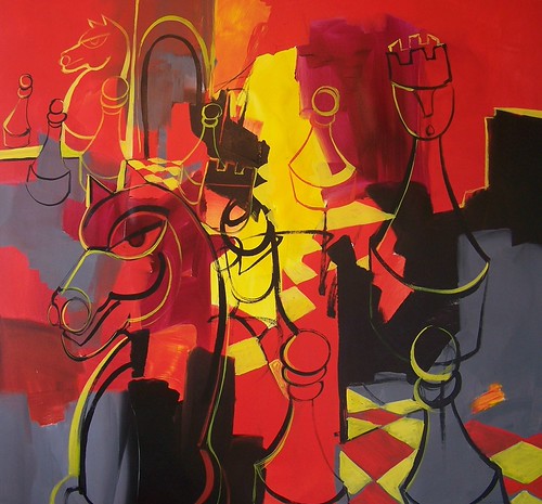 Two opposing figures in red, yellow and black