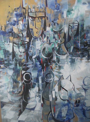 Blue-grey queen-like figures with linear details