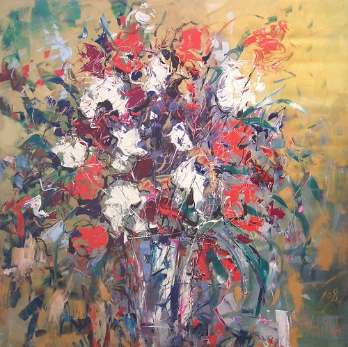 White and red bouquet on a golden background