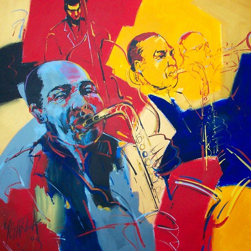 Musicians with brass instruments on red, yellow and blue