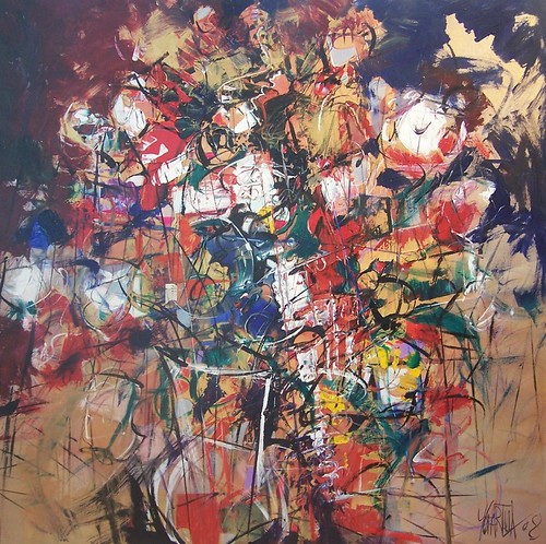 Layered flowers and thin stems on muted red