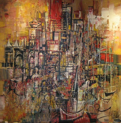 Dense golden and red abstract buildings