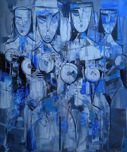 Rows of standing figures in blue