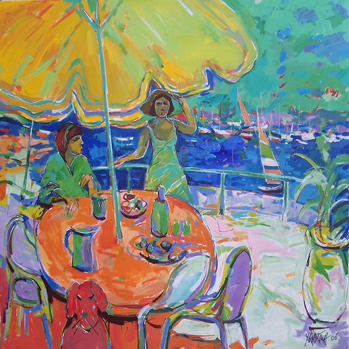 Colourful outdoor café tables and figures