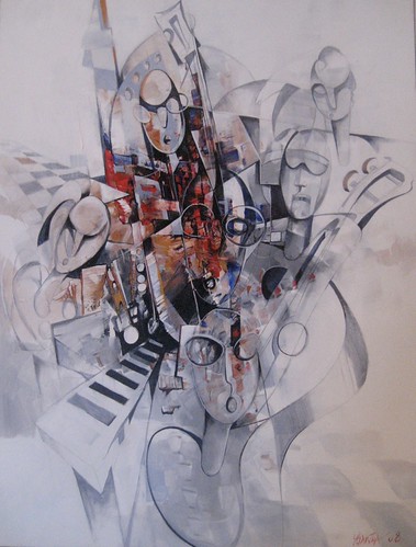 Fine outlined figures with small red accents