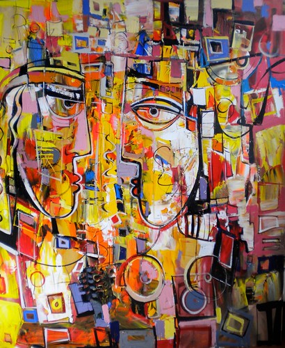 Two outlined faces amid small bright colour blocks