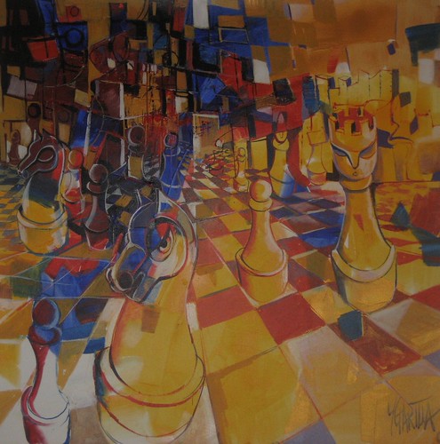 Figures and pawns on a warm chequered floor