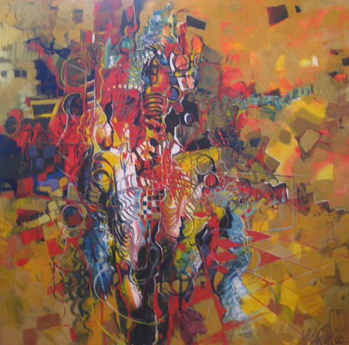 Dense colourful chess shapes above golden board marks