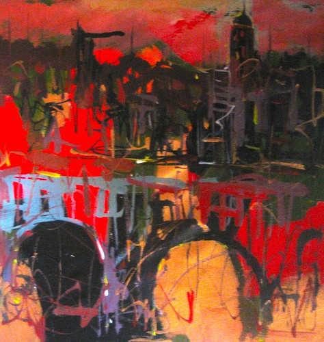 Red bridge and city buildings with dark outlines