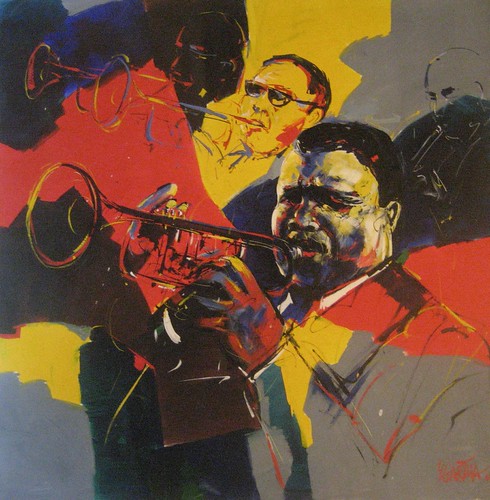 Smiling musician and brass instruments on red and yellow