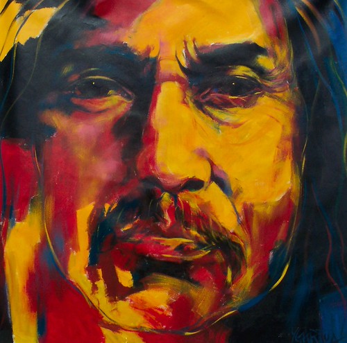 Close-up face in red, yellow and black